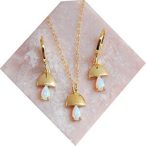 Mushroom Jewelry Set Brass Opal Pendant Drop Earrings Necklace Women's Gift